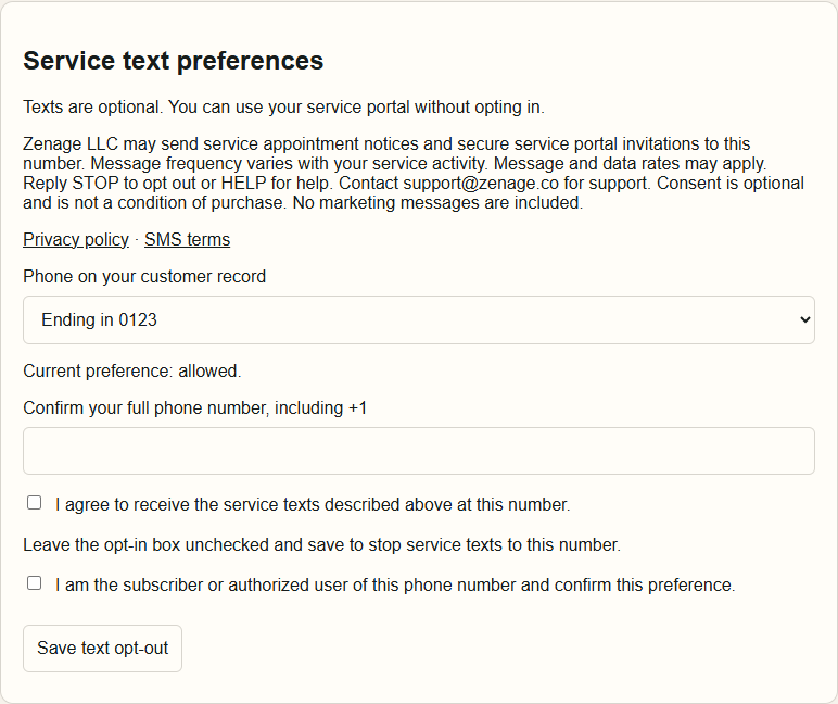 Demonstration of the Dispatch customer portal SMS form with unchecked consent and phone authority boxes, privacy and terms links, and the Save text opt-out button that changes to Save text opt-in when consent is selected.
